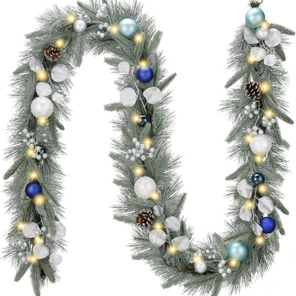 Valery Madelyn 9 feet Pre-Lit Christmas Garland with Light for Mantle, Lighted Battery Operated Xmas Garland with Silver Blue Ball for Front Door Fireplace Table Centerpiece Outdoor Window Home Decor
