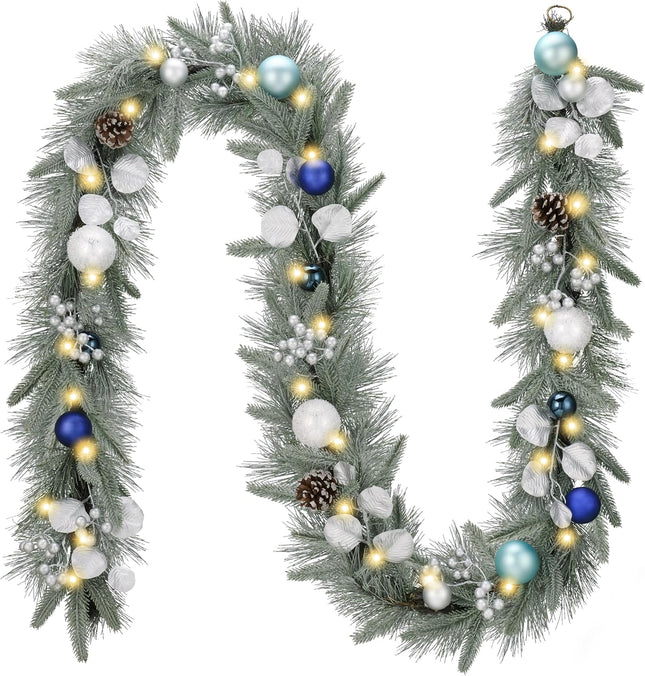 Valery Madelyn 9 feet Pre-Lit Christmas Garland with Light for Mantle, Lighted Battery Operated Xmas Garland with Silver Blue Ball for Front Door Fireplace Table Centerpiece Outdoor Window Home Decor