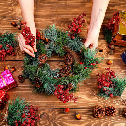 Geosar 24 Pieces Christmas Artificial Greenery Pine Branches Christmas Holly Artificial Berry Stems Pine Needles Branches Floral Picks Xmas Tree Party for Christmas Holiday Decor (Red)