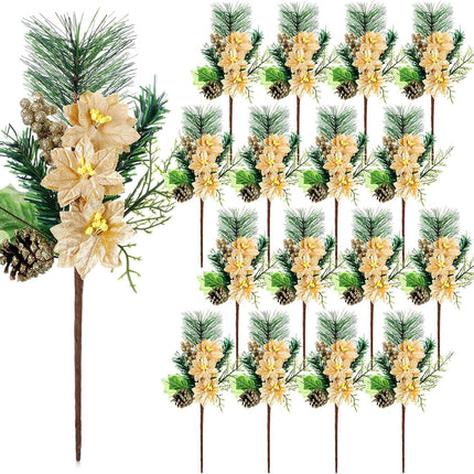 Tigeen 16 Pcs Poinsettia Christmas Flowers 13.4 Inch Artificial Christmas Tree Picks Faux Christmas Flowers Fake Pine Cone Green Leaf Berry Needle Decorative Stems for Holiday Decor DIY Wreath(Gold)