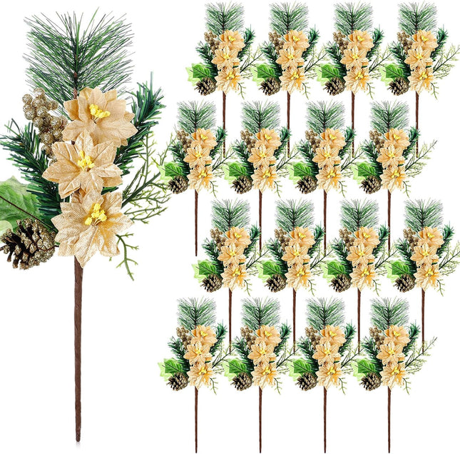 Tigeen 16 Pcs Poinsettia Christmas Flowers 13.4 Inch Artificial Christmas Tree Picks Faux Christmas Flowers Fake Pine Cone Green Leaf Berry Needle Decorative Stems for Holiday Decor DIY Wreath(Gold)