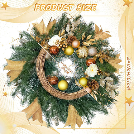 Christmas Wreaths for Front Door with Lights,24 inch Gold Large Christmas Wreaths Outdoor,Decorated with Christmas Ball,Pine Cones,Branches,Rose,Ribbon,Berry for Thanksgiving Fall Winter Decor