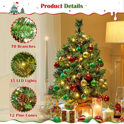 Yaheetech 2Pcs Pre-lit Artificial Mini Christmas Tree, 2ft Tabletop Small Xmas Tree w/12 Pinecones, 35 Warm White LED Lights, Cement Base, Battery-Operated Christmas Tree for Home Party Decor, Green