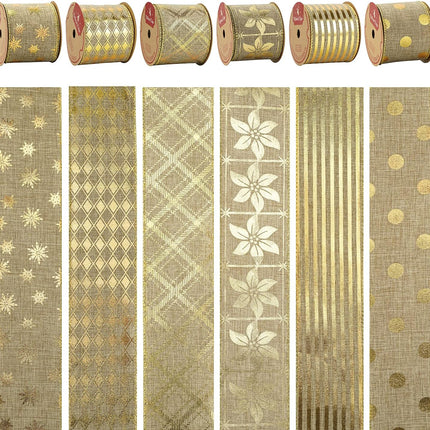 MEEDEE Gold Burlap Wired Ribbon 2.5 Inch 6 Rolls 36 Yards Christmas Ribbon Burlap Ribbon for Christmas Tree Gold Burlap Ribbon Gold Tree Ribbon Garland Gold Stripe Ribbon Christmas Ribbon Set