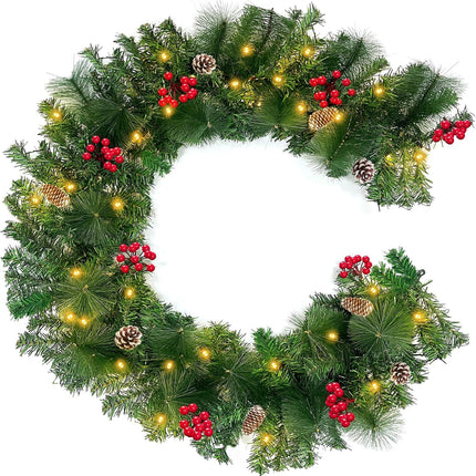 TURNMEON 6 Ft 30 LED Prelit Christmas Garland with Lights Timer 8 Modes 170 Branch Snowy Bristle 8 Pinecones 88 Red Berries Battery Operated Cedar Garland Christmas Decorations Home Indoor Mantle