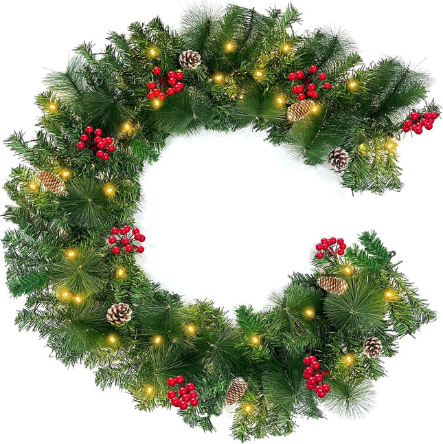 TURNMEON 6 Ft 30 LED Prelit Christmas Garland with Lights Timer 8 Modes 170 Branch Snowy Bristle 8 Pinecones 88 Red Berries Battery Operated Cedar Garland Christmas Decorations Home Indoor Mantle