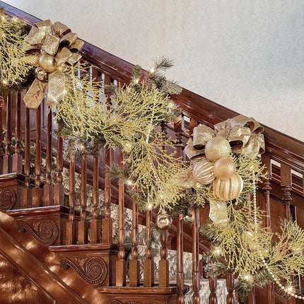 Winlyn 15 Pcs Christmas Artificial Cedar Sprays Champagne Glittered Faux Cedar Branches Stems Christmas Tree Ornament Picks 14.4" for Christmas Tree Wreath Wedding Bouquet Holiday Centerpiece
