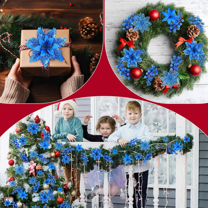 Zeyune 36 Pcs Christmas Poinsettia Artificial Flowers Decorations Glitter Poinsettia with Clips for Christmas Tree Ornaments Xmas Holiday Wedding Garland Party Decor 6 Inch 4 Inch 3 Inch (Royal Blue)