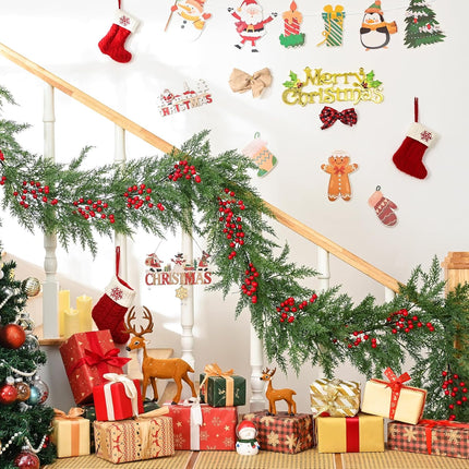 Dolicer 6FT Christmas Pine Garland, Artificial Cedar Garland with Red Berries, Lush Winter Greenery Garland with Lights for Mantel Home Fireplace Holiday Weeding Christmas Decorations