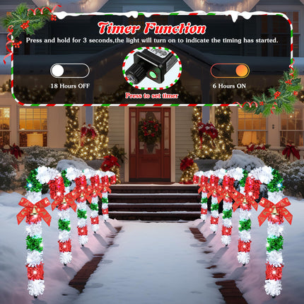 Meonum 10 Pack Christmas Candy Cane Outdoor Pathway Lights with 8 Mode and Timer, 20 LEDs 16.5in Candy Cane Stakes Lights with Bows, Candy Cane Outdoor Decorations for Walkway(Red, Green, White)
