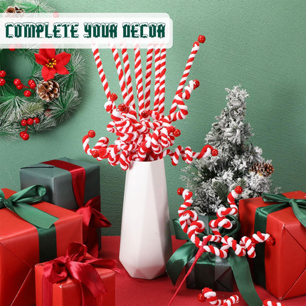 Soaoo 24 Pcs 21 Inch Christmas Bells Curly Pick Red and White Christmas Decorations Candy Shape Christmas Tree Picks Christmas Ornaments Branches for Xmas Tree Wreath DIY Crafts Vase Filler Holiday