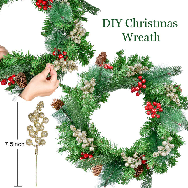 Lvydec 16pcs Christmas Glitter Berries Stems, 7.8" Artificial Christmas Picks for Christmas Tree Ornaments, DIY Xmas Wreath, Crafts, Holiday and Home Decor (Champagne)