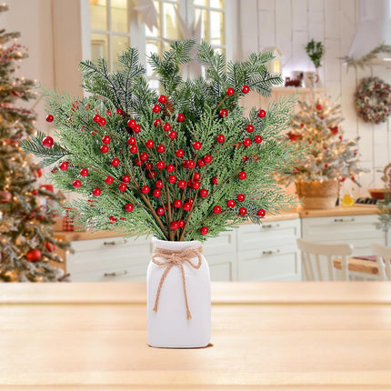 Sggvecsy 30 Pcs Artificial Pine Branches Fake Greenery Pine Picks with Pine Cones Artificial Red Berry Branches Christmas Pine Needles for DIY Wreath Xmas Embellishing Flower Arrangements Decoration