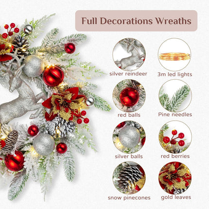 Christmas Wreath Front Door with Lights Indoor - Walasis Flocked Xmas Wreaths Door Decor 20inch White Winter Wreath Christmas Deer Wall Decoration