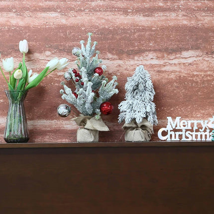 Tabletop Christmas Tree, 12 Inch Artificial Snow Flocked Small Mini Christmas Tree with Burlap Base for Home Office Table Desk Dining Bedroom Christmas Party Decorations