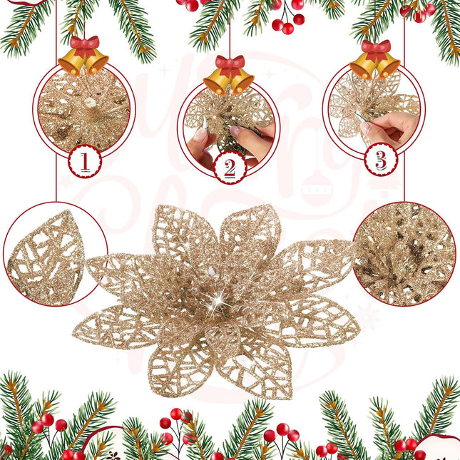 WILLBOND 36 Pieces Christmas Poinsettia Flowers Artificial Ornaments Glitter Christmas Decorations Tree Wedding Year(Champagne)