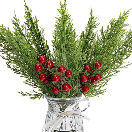 30 Pcs/Set Christmas 3D Artificial Pine Branches- 12.5 Inch Faux Evergreen Cedar Sprigs Branches- Fake Foliage Pine Needles Picks with Artificial Red Berry Stems for DIY Christmas Decoration