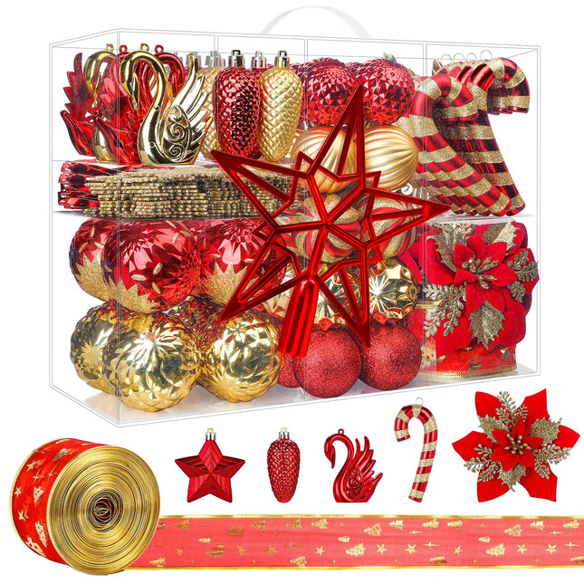 128pcs Christmas Balls Ornaments Set, Shatterproof Plastic Baubles Christmas Flowers, Ribbon and Tree Topper for Xmas Tree Holiday Wedding Party Decorations with Hanging Strings, Red and Gold