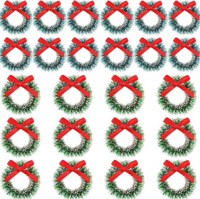 Dingion 24 Pieces Mini Christmas Wreaths with Bows Include 1 Inch Blue Green 1.2 Inch Grass Green for Christmas Tree Decoration (Simple Style)