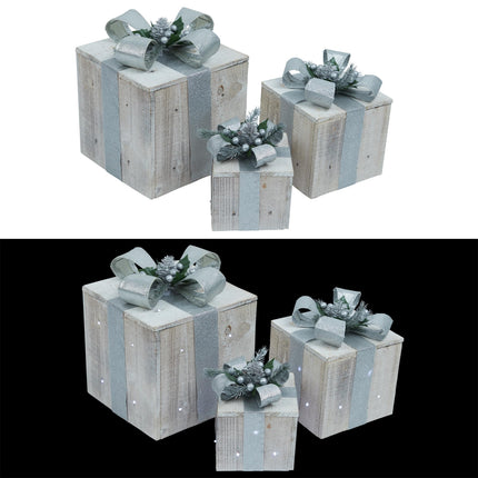 Alpine Corporation 3-Piece Wooden Box Christmas Decor with LED Lights, Silver