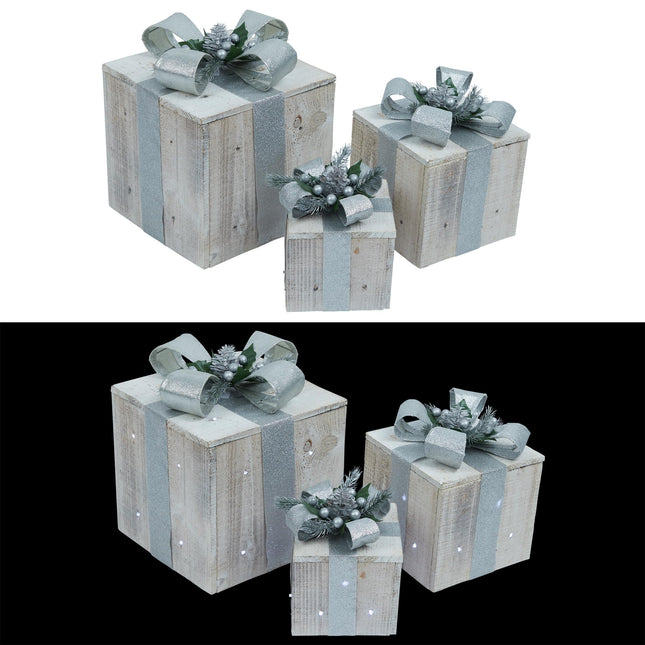 Alpine Corporation 3-Piece Wooden Box Christmas Decor with LED Lights, Silver