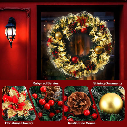 Pre-lit Christmas Wreath 28" Extra Large Christmas Wreath Artificial Deluxe Lighted Plug in Christmas Decorations Ornament with Lights Door Window Fireplace Decor 10ft Cable