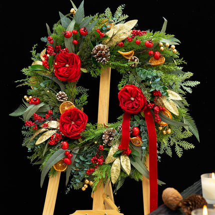 Pre-lit Christmas Wreath with Lights,24 Inch Outdoor Christmas Wreaths for Front Door,Green Eucalyptus Olive Leaves Winter Door Wreath with Pinecones,Red Flower-Lighted Xmas Holiday Wreath