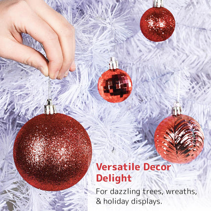 Prextex 36pc Shatterproof Christmas Ball Ornaments - Red, 6 Styles in 3 Sizes, with Hanging Loops for Tree, Wreath, Party Decor