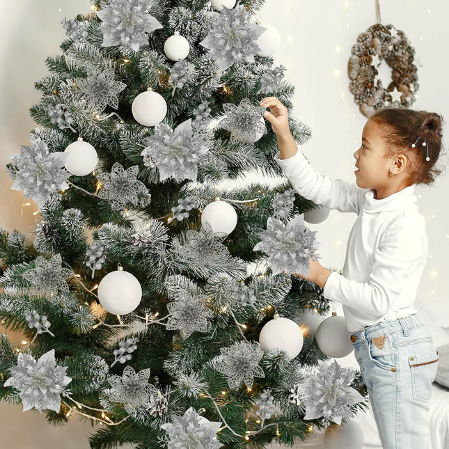 Sliver Christmas Flowers Artificial, 28 Pack sliver Poinsettia Artificial Christmas Flowers and Berry Stems for Christmas Tree decorations Xmas home Decor for Wreath Holiday Party indoor outdoor