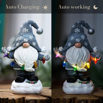 TERESA'S COLLECTIONS Christmas Decorations Garden Gnome with LED Lights, Solar-Powered Outdoor Statue, Festive Silver Decor, Durable Resin Sculpture for Front Porch, Yard, Ideal 8.8"
