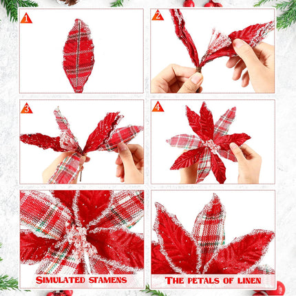 10 Pieces Christmas Buffalo Plaid Red White Green Plaid Poinsettia Flowers Christmas Tree Ornaments for Christmas Tree Wreaths Garland Holiday Decorations
