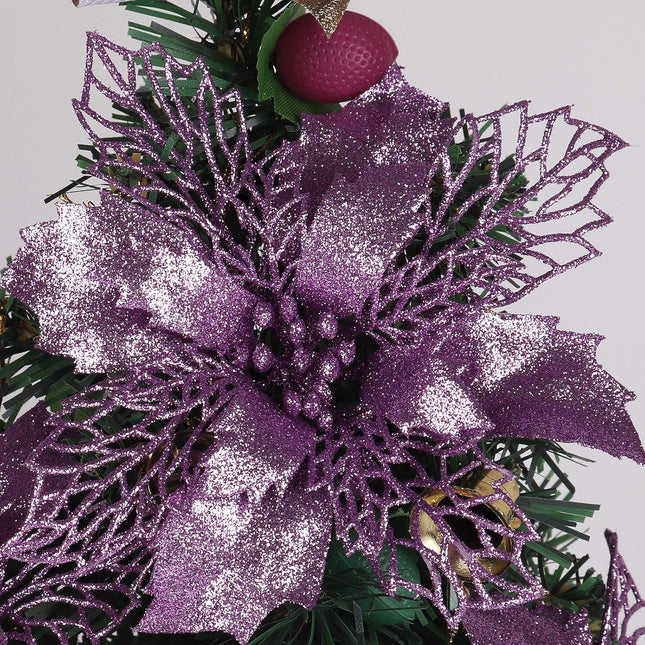 RECUTMS 10 Packs Christmas Glitter Poinsettia Flowers Artificial Christmas Flowers Decorations Wedding Xmas Tree Year Ornaments Xmas Garland Wreath DIY Decorations Supplies(Light Purple)