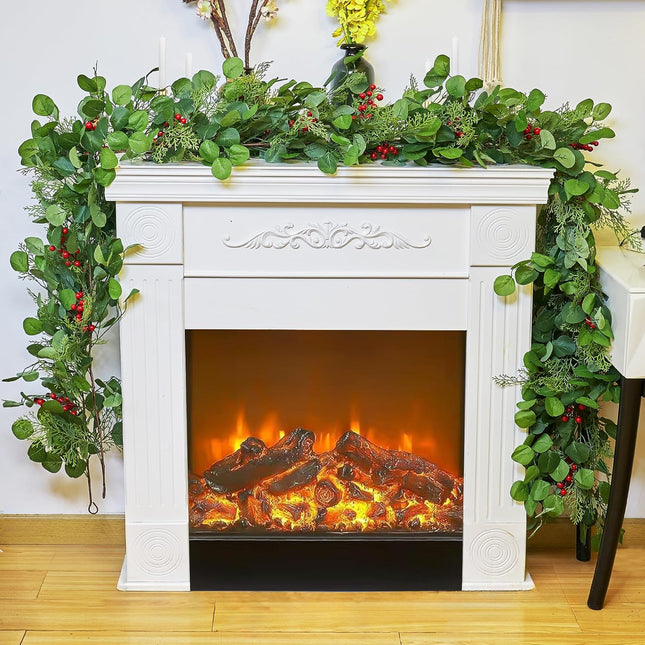 9Ft Christmas Garland, Artificial Eucalyptus Cedar Garland with Red Berry, Faux Cypress Realistic Greenery Garland for Table, Stairs, Porch, Mantle, Fireplace, Indoor Outdoor Christmas Decorations