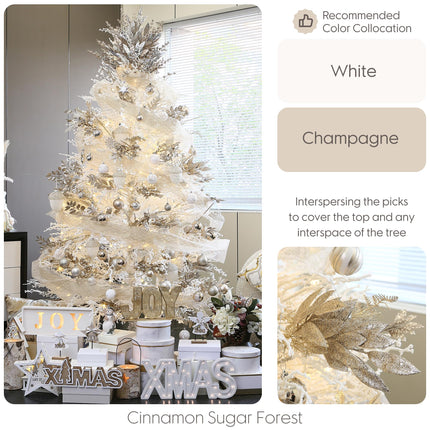 Sea Team 6-Pack Artificial Glitter Leaf Ornaments, Decorative Sticks, Glittery Twigs, Stems, Picks, Branches for Christmas Tree, Wreath, Vase Fillers for Centerpieces, Home Décor, Champagne