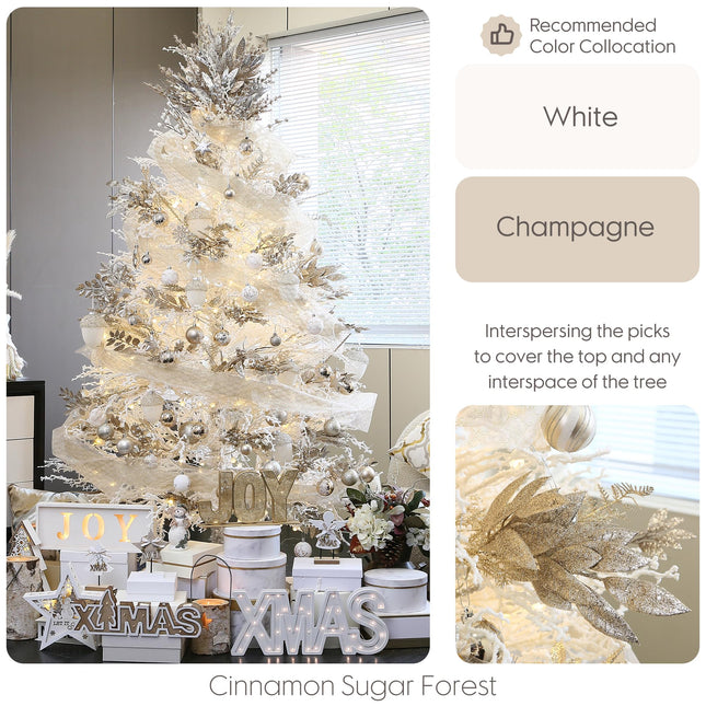 Sea Team 6-Pack Artificial Glitter Leaf Ornaments, Decorative Sticks, Glittery Twigs, Stems, Picks, Branches for Christmas Tree, Wreath, Vase Fillers for Centerpieces, Home Décor, Champagne