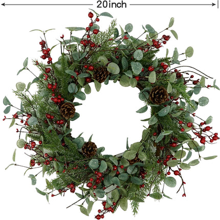 Christmas Wreath, Christmas Wreaths for Front Door,Artificial Christmas Wreath with Sparkling Leaves and Pine Needles are paired with Plump Pine and red Berries,Wreath for Indoor Wall Window Decor.