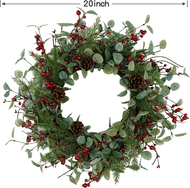 Christmas Wreath, Christmas Wreaths for Front Door,Artificial Christmas Wreath with Sparkling Leaves and Pine Needles are paired with Plump Pine and red Berries,Wreath for Indoor Wall Window Decor.