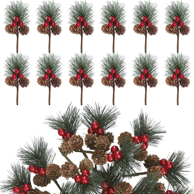 Sggvecsy 20 Pack Christmas Fake Pine Needles Artificial Berries Pine Picks Red Berry Pine Branches Faux Pine Stem with Pine Cones for Xmas Tree Wreath DIY Craft Floral Arrangement Holiday Decor(Red)