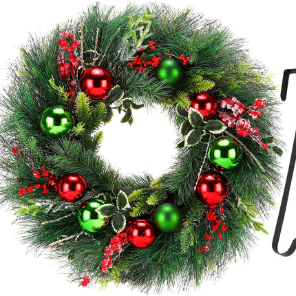 Christmas Wreath, 24inch Wreaths, Artificial Wreaths for Front Door, with Wreath Hanger, Autumn and Winter, Indoors,Outdoors, corridors, Offices. (Green)