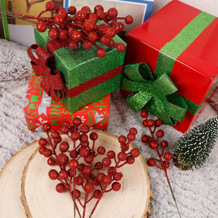 winemana 24 Pack 8 Inch Christmas Glitter Faux Winter Berry Sprigs, Artificial Sparking Red Berries Ornaments for Christmas Tree DIY Crafts Wreath Garland Decor (Red)