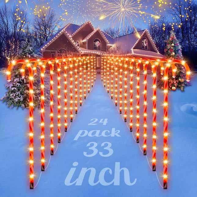COOLWUFAN 24 Pack Christmas Candy Cane Lights, 33'' Light Up Candy Cane Decoration Outdoor Yard, Waterproof Christmas Decor Pathway Lights