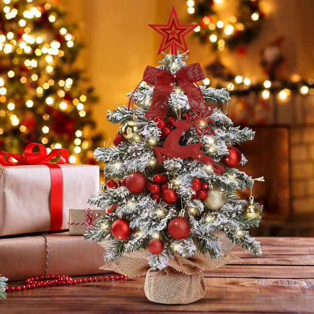 Sggvecsy 23.6’’ Mini Snow Frosted Christmas Tree Table Top Lighted Artificial Xmas Tree Star Treetop Glitter Balls Red Deer Red Bows Red Berries Hanging Ornaments DIY Holiday Indoor Decorations