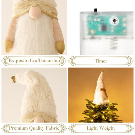 Valery Madelyn Lighted Christmas Tree Topper Gnome with Timer, 16.5 White and Gold Fabric Cute Santa Gnome Tree Topper with LED Lights for Party Ornaments Christmas Decoration Indoor, Battery Operated