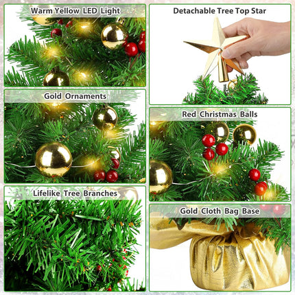 20" Mini Christmas Tree, Artificial Prelit Small Christmas Tree, Tabletop Christmas Tree Decorations with Warm Lights, Treetop Star, Gold Ornaments, Red Berries and Cloth Bag Base