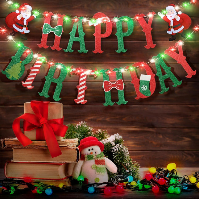 Happy Birthday Party Banner with Light, Christmas Birthday Party Decoration with 8 Modes Flashing String Light for Kids Christmas Birthday Party Garland Wall Fireplace Mantle Decor