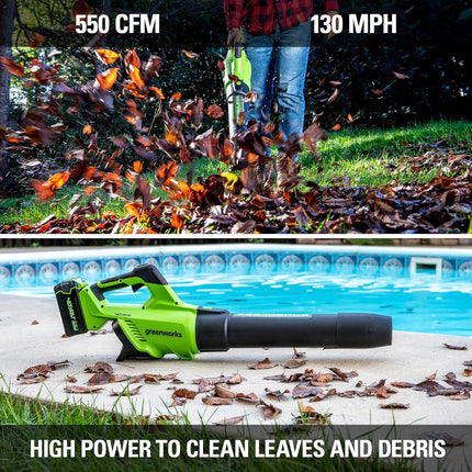 Greenworks 40V (550 CFM / 130 MPH) Brushless Axial Leaf Blower 4Ah USB Battery and Charger with Gutter Cleaning Kit