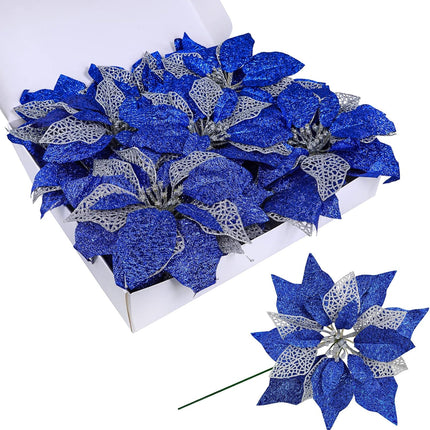 14 Set 8.7" Wide 4 Layers Christmas Blue Glitter Poinsettia Flowers Picks Christmas Tree Ornaments for Blue Christmas Tree Wreaths Garland Holiday Seasonal Festive Navidad Decoration Box Included