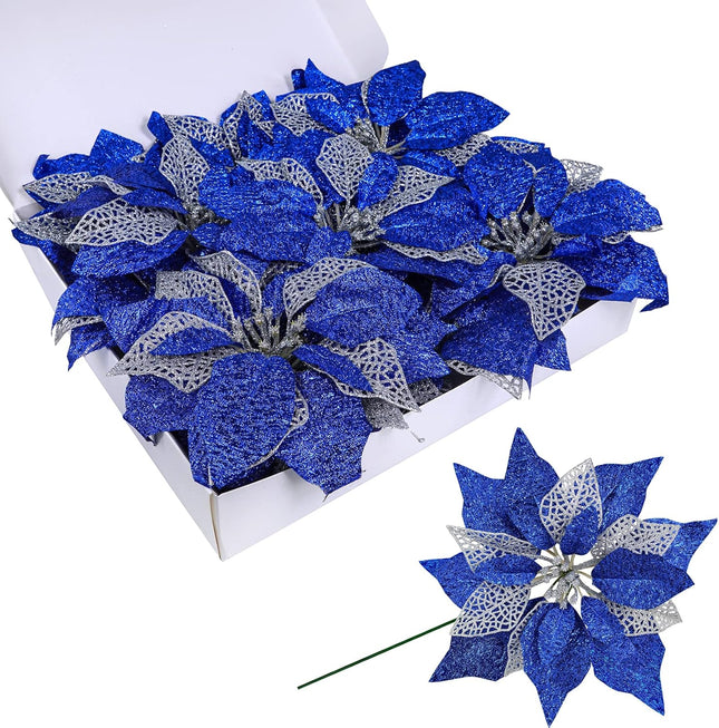 14 Set 8.7" Wide 4 Layers Christmas Blue Glitter Poinsettia Flowers Picks Christmas Tree Ornaments for Blue Christmas Tree Wreaths Garland Holiday Seasonal Festive Navidad Decoration Box Included