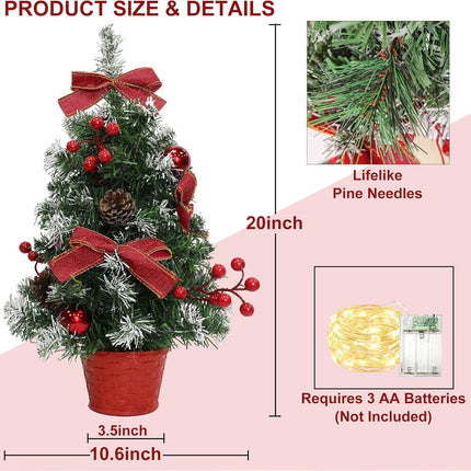 2 Pack GRANDEAL 20 Inch Lighted Tabletop Mini Christmas Tree with Timer 20 LEDs Artificial Small Christmas Tree with Lights, Bow Ball Ornaments Christmas Decorations Xmas Tree Room Office Home Decor