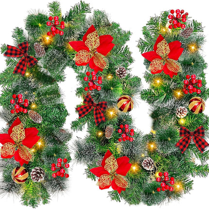 6 Ft 50 LED Prelit Christmas Garland Lights Decoration Timer Battery Operated 8 Modes 20 Snowy Bristle Pine,3 Bows,4 Poinsettia,3 Ball Ornaments,12 Snowy Pinecone,132 Red Berries for Home Indoor Decor